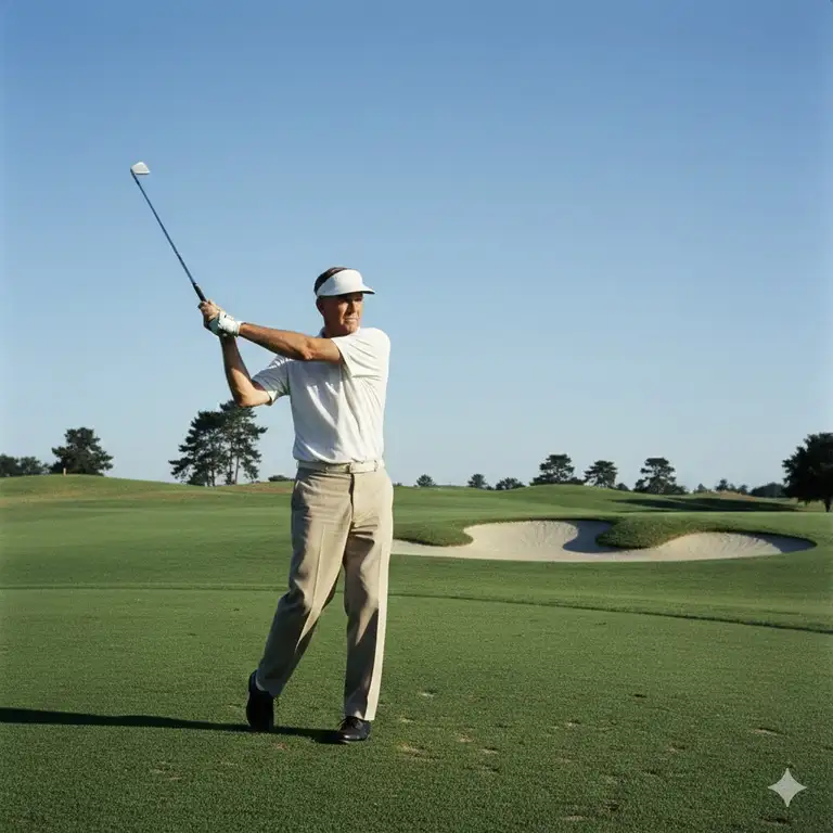 The iconic ben hogan golf legend finishing his powerful, famous swing.
