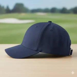 A classic navy blue adjustable baseball style womens golf hat made of moisture-wicking fabric.