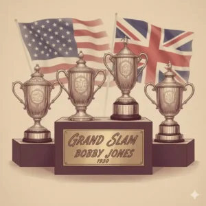 An illustration depicting the four major trophies of the 1930 Grand Slam, a feat achieved by Bobby Jones golf star.