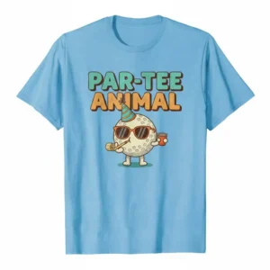 A creative illustration featuring clever puns on funny golf tee shirts.