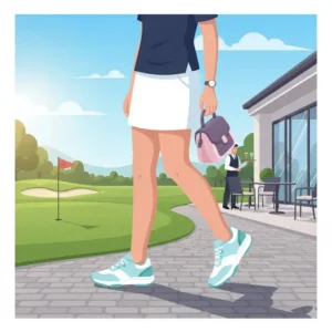 An illustration of spikeless popular womens golf shoes transitioning from the golf course to the clubhouse.