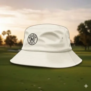 Close-up of the bucket style malbon golf hat malbon golf pants detailing the logo and fabric texture.
