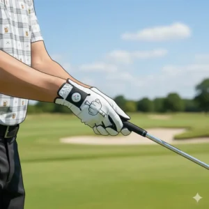 An illustration of a leather golf glove featuring funny golf gloves middle finger graphic.