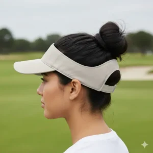 A woman with a high ponytail wearing an open-back design womens golf hat for maximum comfort.