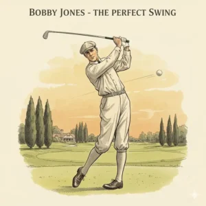 A detailed image capturing the classic and distinctive swing action of the renowned Bobby Jones golf legend on the course.