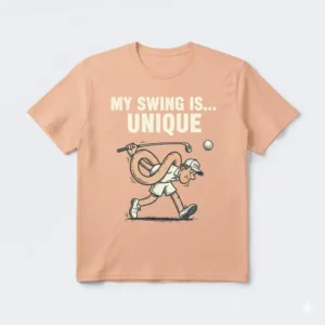 A humorous cartoon of a golfer with a bad swing on funny golf tee shirts.