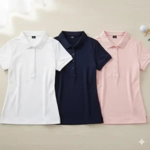 Assortment of three stylish women's golf polos in white, navy, and pink, showcasing the full color range available.