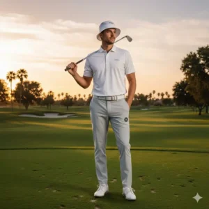 Full front view of the performance apparel highlighting the fit of the malbon golf hat malbon golf pants.