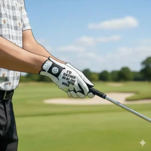 A stylish golf glove with funny golf gloves sarcastic text printed on the strap.
