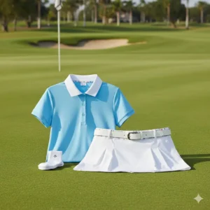 High-performance ladies golf items featuring a moisture-wicking polo shirt and a pleated golf skort.