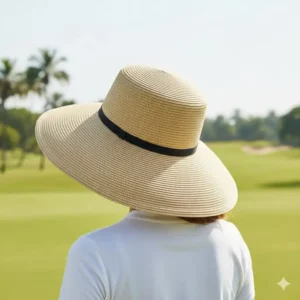 A wide-brim UV protection womens golf hat designed to provide 360-degree shade on the course.