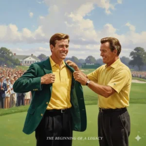 A young Jack Nicklaus being helped into his first Masters green jacket, marking the true beginning of his jack nicklaus golf legacy.