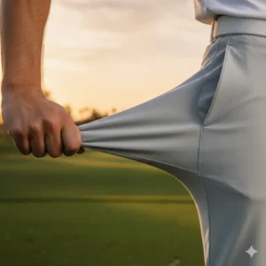 Image demonstrating the flexible and breathable fabric of the malbon golf hat malbon golf pants during a swing.