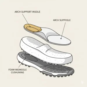 An exploded view illustration highlighting the foam cushioning in popular womens golf shoes.
