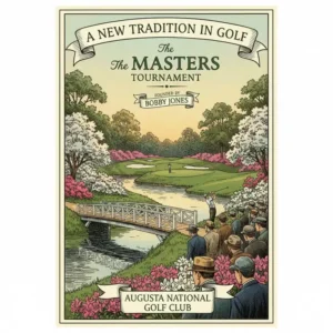 A historical graphic highlighting the early days and logo of The Masters Tournament, established by Bobby Jones golf champion.