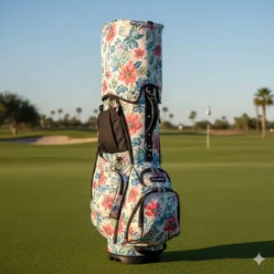 A lightweight floral pattern cart bag, showcasing functional and aesthetic ladies golf items for easy transport.
