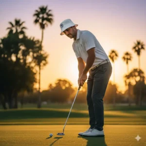 A golfer taking a putting stance while shaded by the malbon golf hat malbon golf pants ensemble.