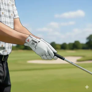 A pair of funny golf gloves featuring a Shank It warning label design for amateur golfers.