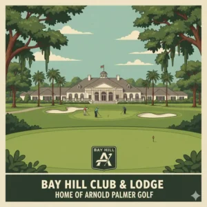 An illustration of the iconic Bay Hill Club & Lodge, home to the arnold palmer golf Invitational tournament.