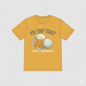 Minimalist and witty text-based slogans printed on funny golf tee shirts.