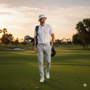 Walking shot of a golfer showcasing the fit and casual aesthetic of the malbon golf hat malbon golf pants on the fairway.