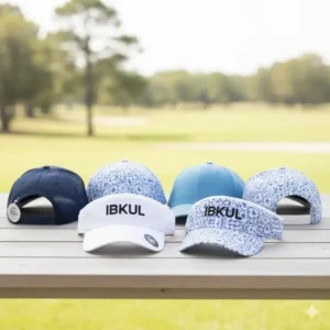 A range of coordinating ibkul golf hats and visors, showing different styles for sun safety on the course.