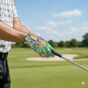 Vibrant and funny golf gloves with loud patterns like flamingos and beer mugs.