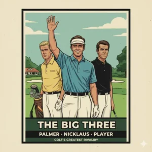 Illustration of the legendary "Big Three" era, featuring arnold palmer golf alongside rivals Jack Nicklaus and Gary Player.