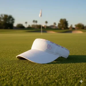 : A wide-brimmed adjustable visor protecting a player from the sun, categorized under protective ladies golf items.
