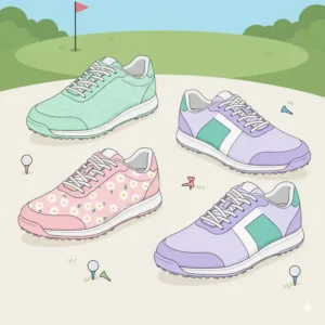 A variety of popular womens golf shoes in trendy pastel colors and modern floral patterns.
