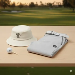 Product shot of the folded apparel showing the matching set of the malbon golf hat malbon golf pants.