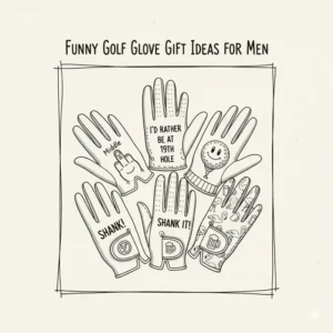A minimalist line-art illustration showing a variety of funny golf gloves as gift ideas.