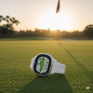 A sleek white GPS watch for women, highlighting the tech-focused side of modern ladies golf items.