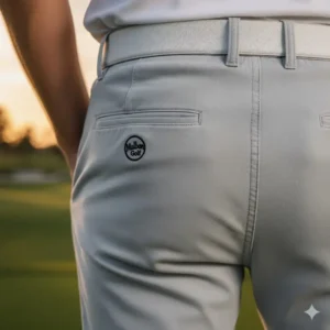 Detailed view of the back pocket and stitching on the malbon golf hat malbon golf pants.