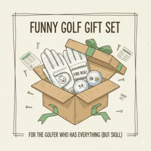 An illustration of a gift box containing funny golf gloves and matching novelty golf balls.