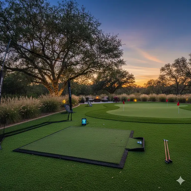A luxury outdoor setup featuring premium backyard golf practice accessories for a complete home range.