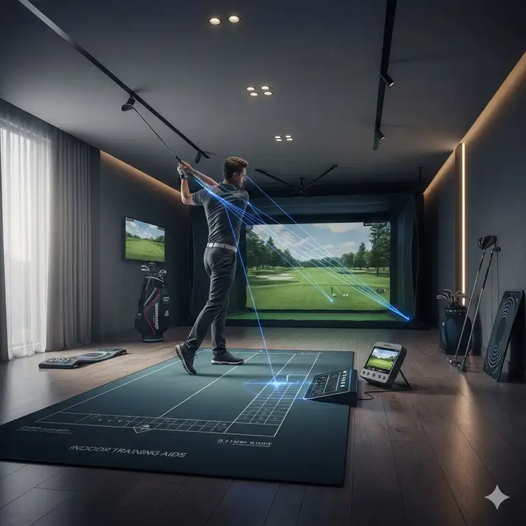 A professional golfer using a variety of indoor golf training aids in a home simulator setup.