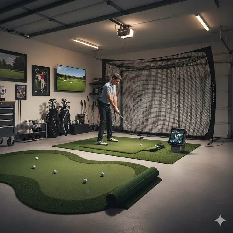 A professional garage setup featuring premium golf practice equipment for home including a large hitting net and turf mat.