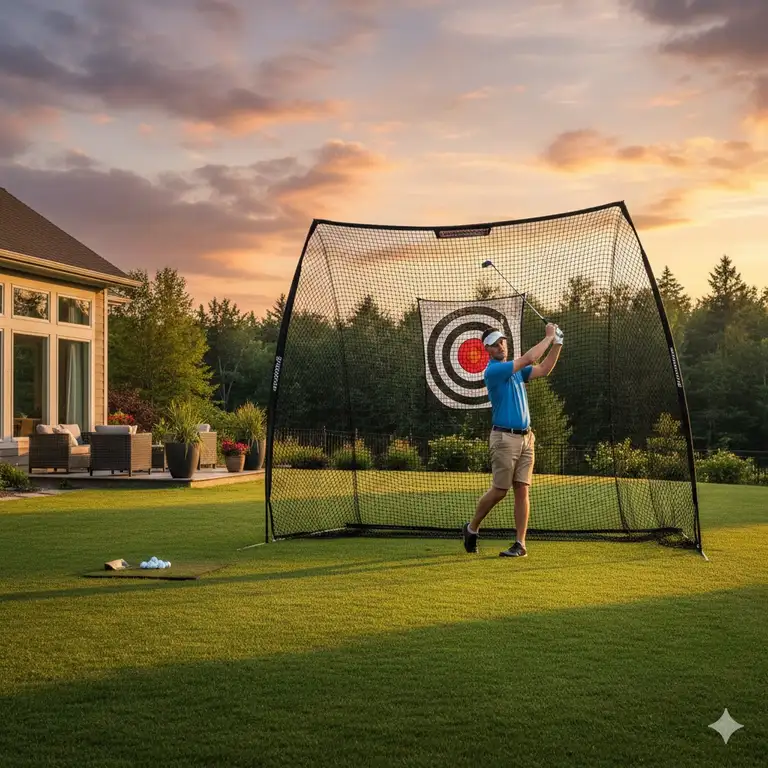 Premium setup of a professional golf practice net for home in a large backyard.