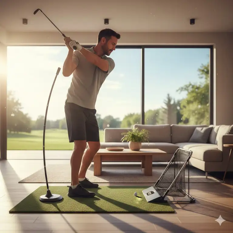 A professional golfer practicing in a living room using a high-quality golf swing trainer for home use.