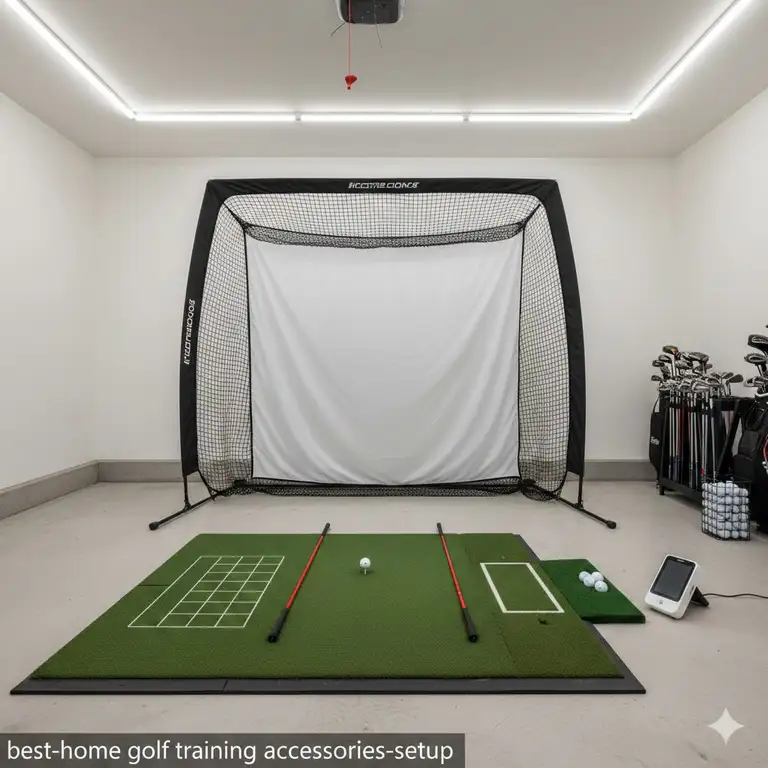 A professional indoor setup featuring various home golf training accessories including a net and mat.