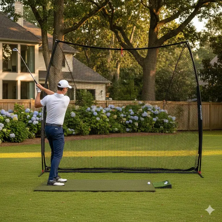 A professional golfer hitting a ball into a large, durable portable golf practice net set up in a backyard.