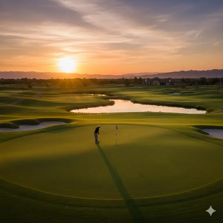 A scenic sunset view over a professional course showing how long does a round of golf take to complete.