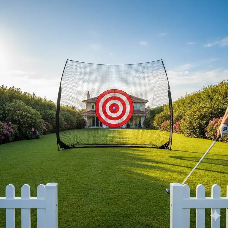 A professional golf hitting net with target set up in a lush green backyard.