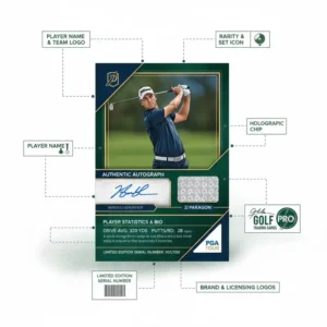 A detailed diagram showing the different physical features and statistics of professional trading cards golf.