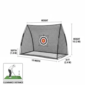 Detailed diagram showing the height and width of a golf practice net for home.