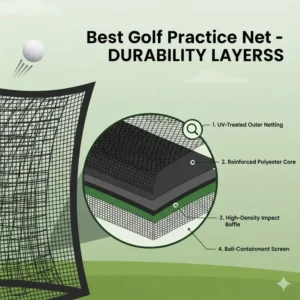 An infographic showing the heavy-duty material layers of the best golf practice net backyard for durability.