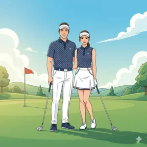 Illustration of a male and female golfer wearing matching golf outfits with coordinated visors for a cohesive look.