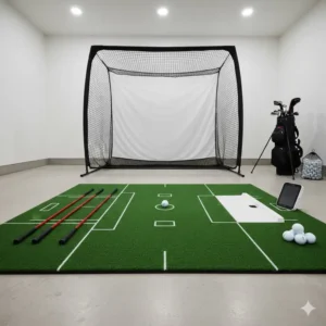High-quality turf hitting mat used as essential home golf training accessories for indoor practice.
