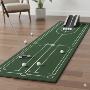 High-quality putting mat with alignment guides used as indoor golf training aids for home practice.